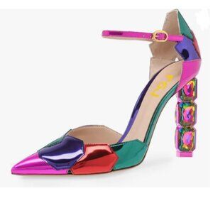 FSJ Fuchsia Crystal Heel Colorful Pointed Toe High Heel Ankle Strap Sandals